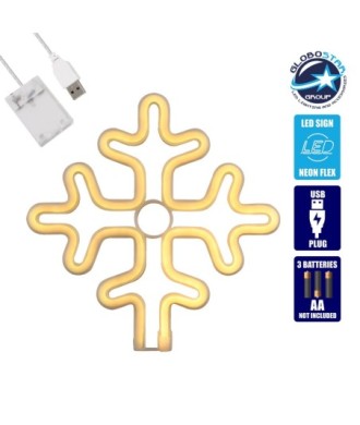 GloboStar® 78582 Φωτιστικό Ταμπέλα Φωτεινή Επιγραφή NEON LED Σήμανσης SNOWFLAKE 5W με Καλώδιο Τροφοδοσίας USB - Μπαταρίας 3xAAA (Δεν Περιλαμβάνονται) - Θερμό Λευκό 2700K